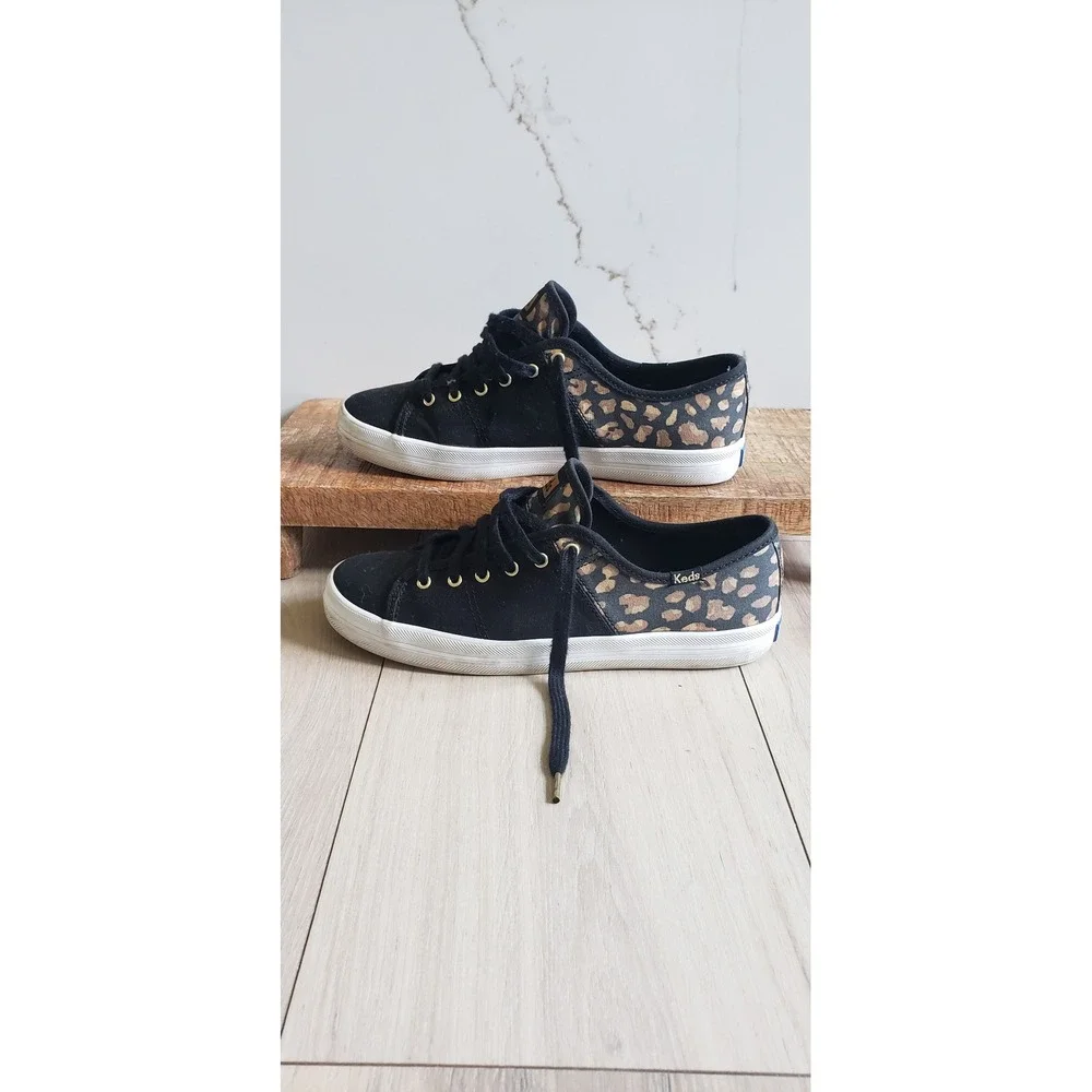 Keds Kickstart Sneakers Womens 7.5 Black Leopard‎ Print Low Top Lace Up Gold